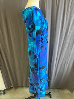CHIARA BONI, Blue, Polyester, Lycra, Floral, Pullover, Royal Blue/Aqua/ Black/ Teal / Floral Print,, Faux Surplus Bust,, Skirt With Cascade Ruffle,  Attached Self Belt