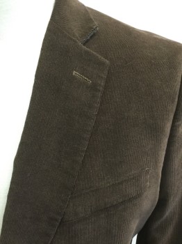 STAFFORD, Chocolate Brown, Cotton, Solid, Corduroy, Single Breasted, Collar Attached, Notched Lapel, 3 Pockets, 2 Buttons,  Charcoal Elbow Patches