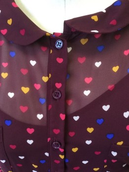 N/L, Plum Purple, Blue, Yellow, White, Pink, Polyester, Novelty Pattern, 2pc Dress. Sheer Poly with Heart Print Dress. Button Placet, Collar Attached, Short Sleeves,