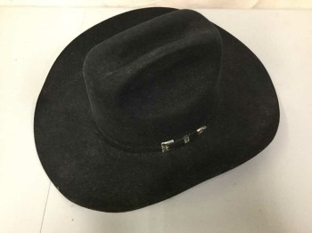 Mens, Cowboy Hat, TEXAS HAT COMPANY, Black, Wool, Solid, 7 1/8, Felt, Self 1/2" Band W/Small Silver Decorative Buckle W/Silver Tip