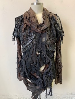 Mens, Tops, BY THE R , Brown, Faded Black, Cotton, Faux Leather, L, Very Holey, Shredded,and Dusty,  Brown and Black Layered Jersey, Tattered Netting Attached, Long Sleeves, Pullover, Black Pleather Accents with Metal Grommets, Neck Cowl