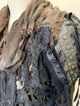 BY THE R , Brown, Faded Black, Cotton, Faux Leather, Very Holey, Shredded,and Dusty,  Brown and Black Layered Jersey, Tattered Netting Attached, Long Sleeves, Pullover, Black Pleather Accents with Metal Grommets, Neck Cowl