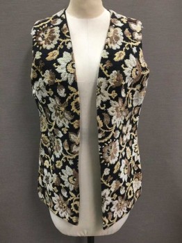 Womens, Vest, ALADDIN, Brown, Black, Tan Brown, Cream, Floral, Carpet Like Material, Hip Length, Open At Center Front, With No Closures, Black Lining,