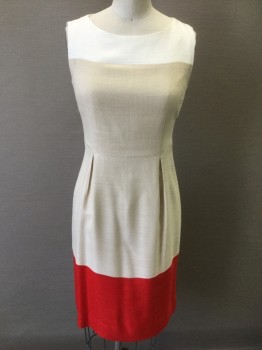 KATE SPADE, Beige, White, Red, Viscose, Color Blocking, Solid, Shoulders/Neck are White, with Beige Center/Torso , Red Bottom Near Hem, Burlap Like Textured Woven Fabric, Sleeveless, Bateau/Boat Neck, Pleats at Either Side of Front Waist, Straight Fit Skirt, Knee Length, Invisible Zipper at Center Back with Gold Zipper Pull