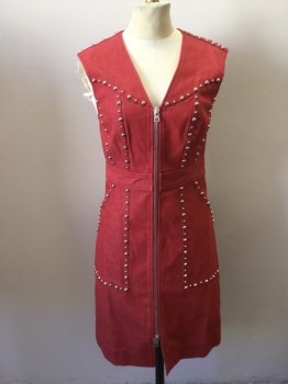 DVF, Red, Cotton, Lycra, Solid, Red Stretch Denim Designer Dress with Silver Stud Detailing. V. Neck, Sleeveless. Chunky Silver Zipper Front
