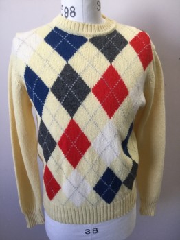 SIBLEY'S, Lt Yellow, Red, Charcoal Gray, Blue, White, Wool, Argyle, L/S, Ribbed Crew Neck/Cuff/Waistband