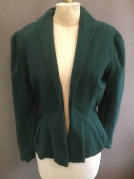 Womens, Jacket 1890s-1910s, N/L, Forest Green, Wool, Solid, W 28, B:36, Long Sleeves, Shawl Collar, Open At Center Front with No Closures, Shaped/Fitted Bodice with Princess Seams, Puffy Sleeves with Gathered Shoulders, Shoulder Pads, Black Lining, Made To Order,