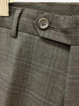 ALFRED SUNG, Dk Gray, Charcoal Gray, Lt Blue, Wool, Plaid-  Windowpane, Dark Gray with Faint Charcoal and Dusty Blue Windowpane, Flat Front, Zip Fly, Button Tab Waist, 4 Pockets, Straight Leg