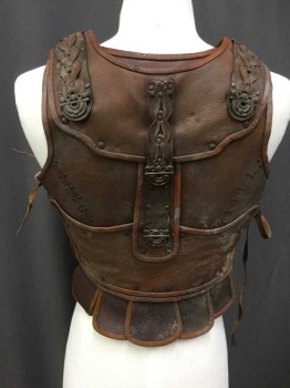Mens, Historical Fict. Breastplate , NO LABEL, Brown, Gold, Leather, Metallic/Metal, Solid, 38-40, Braided and Riveted Shoulder Straps, Gold Metal Center Front Pendant, Braided and Laced Leather Straps In Front, Lace Up Sides, Scalloped Flap Hem