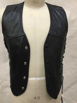 Mens, Leather Vest, ALL AMERICAN RIDER, Black, Leather, Solid, S, Black, V-neck, Yoke Front & Back, Single Breasted, 4 Black Snap Front, 2 Pockets W/flap Seam, Black Leather Wang Side Lacing