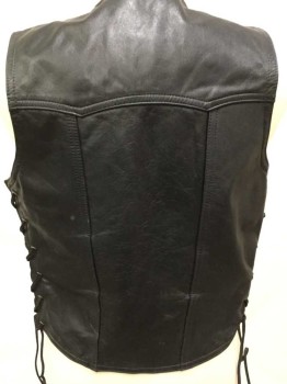 Mens, Leather Vest, ALL AMERICAN RIDER, Black, Leather, Solid, S, Black, V-neck, Yoke Front & Back, Single Breasted, 4 Black Snap Front, 2 Pockets W/flap Seam, Black Leather Wang Side Lacing