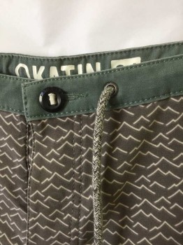KATIN, Gray, White, Sage Green, Polyester, Spandex, Geometric, Gray with White Zig Zag/Abstract Lines, 1" Wide Solid Sage Waistband, Snap Closures at Fly, Gray Drawstrings, 3 Pockets, 8" Inseam