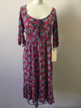 SUSINA, Navy Blue, Multi-color, Rayon, Floral, Navy with Hot Pink/ Lt Pink/ Purple/ Turquoise / Green/ Magenta Floral Print, V Neck with Self Tie, Elastic Waist, 3/4 Sleeve