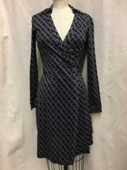 DVF, Black, Gray, Silk, Novelty Pattern, Black with Gray Novelty Print, Collar Attached, Long Sleeves, Self Tie Wrap