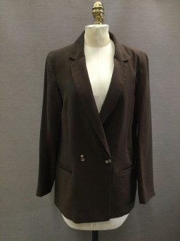 H&M, Dk Brown, Viscose, Polyester, Solid, Double Breasted, Collar Attached, Notched Lapel, 2 Pockets