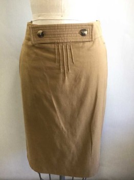 PIAZZA SEMPIONE, Caramel Brown, Cotton, Viscose, Solid, Straight Fit, Knee Length, Top Stitched Panel at Waist with 2 Tortoise Shell Buttons, Decorative Pin Tucks at Center Front, Waist, 2 Welt Pockets at Sides