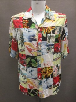 LUCKY BEACH, Multi-color, Rayon, Patchwork, Tropical , Patchwork Fabrics Depicting Tropical Scenes, Flowers, Leaves, Etc, Short Sleeve Button Front, Collar Attached, 1 Pocket