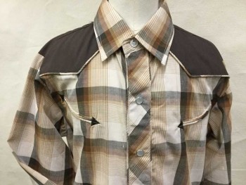 ROPER, Dk Brown, Brown, Beige, Gray, Gold, Polyester, Plaid, Western Style, Collar Attached, Yoke, Snap Front, Long Sleeves,