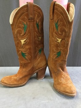 Womens, Cowboy Boots, DINGO, Sienna Brown, Forest Green, Tan Brown, Suede, Geometric, 6.5, Pointy Toes, 3" Heel, Traditional Quarter Inserts and Stitching