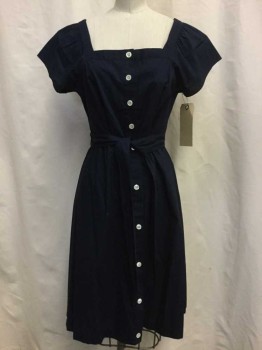 JCREW, Navy Blue, Cotton, Solid, Navy, Button Front, Short Sleeves, Square Neck, Self Tie Belt Attached
