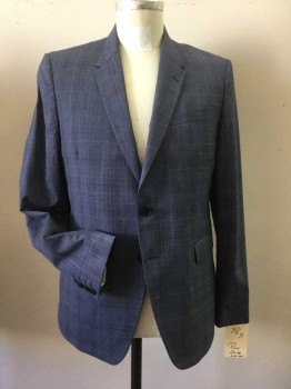 PAUL SMITH, Dusty Blue, Navy Blue, Wool, Plaid, 2 Buttons,  Notched Lapel, 3 Pockets,