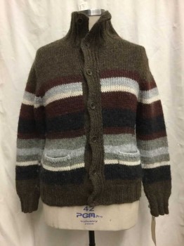 BANANA REPUBLIC, Brown, Red Burgundy, Lt Gray, Black, Wool, Stripes, Brown/ Burgundy/ Lt Gray/ Black Stripes, Button Front, 2 Pockets,