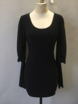 SYMPHONY, Black, Polyester, Solid, Scoop Neck, Mini Skirt, Sheer Gathered/Draped to Sleeve, Fitted Lower Sleeve