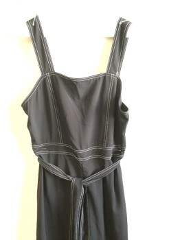 Womens, Overalls, FOREVER 21, Black, Polyester, Rayon, Solid, M, Black with White Stitches, Zip Back, with Self Matching Belt