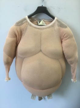 Unisex, Fat Padding, N/L, Beige, Nylon, Spandex, C <44", (Part of 2 Piece Set) Beige Fishnet Over Slightly Darker Beige Mesh Padding, Long Sleeves, Scoop Neck, Torso, Masculine Form with Extra Padding on Pecs, Gut, and Upper Arms