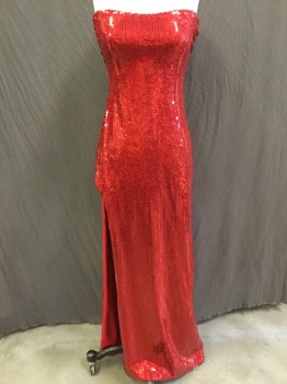NO LABEL, Red, Polyester, Elastane, Solid, (double) Strapless, Red Sequins Stretchy, Thigh High Split