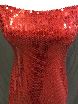 NO LABEL, Red, Polyester, Elastane, Solid, (double) Strapless, Red Sequins Stretchy, Thigh High Split