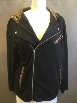 INC, Black, Brown, Cotton, Polyester, Solid, Animal Print, Asymmetrical Zip Front, Cheetah Print on Hood and Zipper Pockets