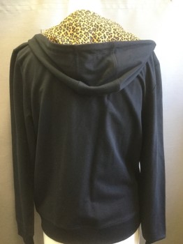INC, Black, Brown, Cotton, Polyester, Solid, Animal Print, Asymmetrical Zip Front, Cheetah Print on Hood and Zipper Pockets