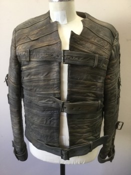 Mens, Jacket, MAISON MARGIELA/H&M, Gray, Brown, Leather, Solid, C:40, Grayish-Brown Aged Leather, Straight Jacket Inspired with Horizontal Panels Throughout, Horizontal Straps at Chest and Sleeves with Aged Metal Buckles, Aged/Muddy Throughout