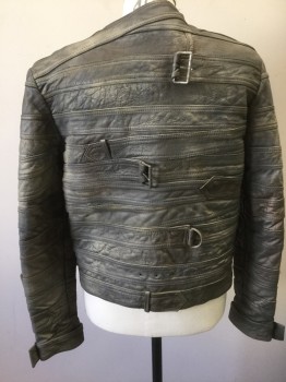 Mens, Jacket, MAISON MARGIELA/H&M, Gray, Brown, Leather, Solid, C:40, Grayish-Brown Aged Leather, Straight Jacket Inspired with Horizontal Panels Throughout, Horizontal Straps at Chest and Sleeves with Aged Metal Buckles, Aged/Muddy Throughout