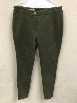 LAUNDRY, Olive Green, Polyester, Lycra, Solid, Olive Faux Suede, 1-1/2" Waistband, Fake Pockets, Horizontal & Diagonal Stitches at Knee Area, Zip Front,