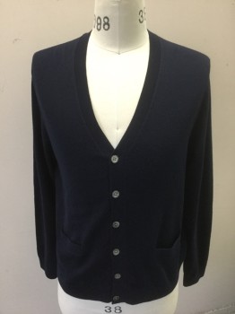BROOKS BROTHERS, Navy Blue, Wool, Solid, 346, Knit, Long Sleeves, Button Front, V-neck, 2 Patch Pockets