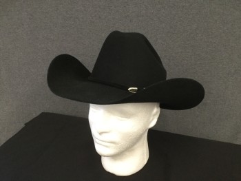 STETSON, Black, Fur, Solid, Fur Felt, Fur Felt Hat Band with Silver Buckle, & Brown Leather Hat Band with Silver Buckle