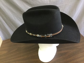 STETSON, Black, Fur, Solid, Fur Felt, Fur Felt Hat Band with Silver Buckle, & Brown Leather Hat Band with Silver Buckle