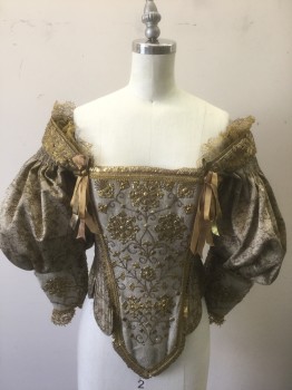 Womens, Historical Fiction Bodice, N/L MTO, Taupe, Gold, Gray, Polyester, Cotton, Floral, W23-26, B30-32, Taupe and Gold Brocade with Gray Front Panel with Gold Metal Floral Appliques, Gold Metallic Lace and Pleated Fabric Trim, Square Neck, Voluminous 3/4 Sleeves with Cartridge Pleating at Shoulder Seam, Grommets with Lace Up Closure at Center Back, 1500's Custom Build