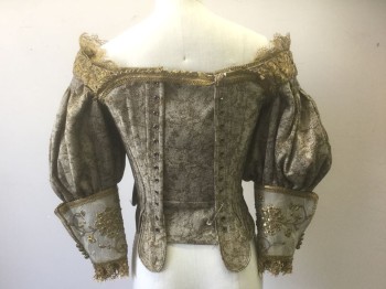 Womens, Historical Fiction Bodice, N/L MTO, Taupe, Gold, Gray, Polyester, Cotton, Floral, W23-26, B30-32, Taupe and Gold Brocade with Gray Front Panel with Gold Metal Floral Appliques, Gold Metallic Lace and Pleated Fabric Trim, Square Neck, Voluminous 3/4 Sleeves with Cartridge Pleating at Shoulder Seam, Grommets with Lace Up Closure at Center Back, 1500's Custom Build