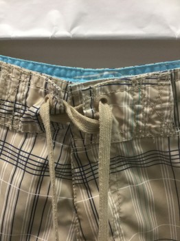 BODY GLOVE, Beige, Navy Blue, White, Turquoise Blue, Polyester, Grid , Abstract , Beige with Navy, White and Turquoise Perpendicular Lines with Assorted Spacing, Beige Cord Laces at Center Front Waist, 1 Side Cargo Pocket, 11" Inseam