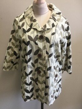 AMBITION, Off White, Brown, Dk Brown, Gray, Cotton, Leaves/Vines , Large Brown Button Front, 2 Flap Buttonned Pockets, 3/4 Sleeves, Gathered Rounded Collar