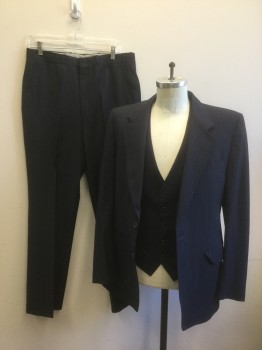 MALIBU CLOTHES, Navy Blue, Lt Gray, Wool, Stripes - Pin, Navy with Light Gray Pinstripes, Single Breasted, Notched Lapel, 2 Buttons, 3 Pockets, Solid Black Lining