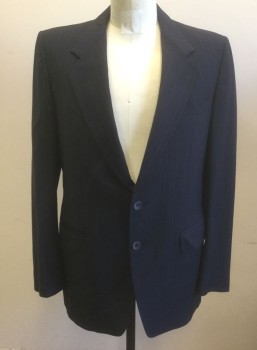 MALIBU CLOTHES, Navy Blue, Lt Gray, Wool, Stripes - Pin, Navy with Light Gray Pinstripes, Single Breasted, Notched Lapel, 2 Buttons, 3 Pockets, Solid Black Lining