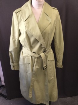 ELLEN TRACY, Chartreuse Green, Polyester, Solid, Peaked Lapel, Double Breasted, Pocket Flap, Epaulet , Belt