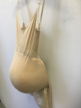 Beige, Nylon, Spandex, Solid, Large 8 Month Pregnancy Belly Built Into Beige All-in-one Shapewear Garment, Spaghetti Straps, Bike Short Length, Invisible Zipper at Center Back, Foam Belly Underneath