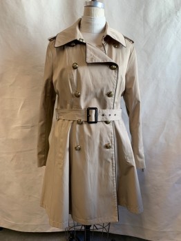 BCBGENERATION, Tan Brown, Cotton, Polyester, Solid, Double Breasted, Rounded Gold Buttons, Large Collar Attached, Notched Lapel, Dark Brown Leather Trim, 2 Pockets, Back Yoke, Self Belt, Knit Under Sleeve Panel, Zip Up Cuff, Epaulets