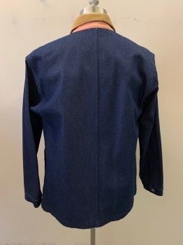 IRON RESIN, Denim Blue, Cotton, Solid, Blue Denim, Tan Corduroy Collar, 3 Pockets, Button Front