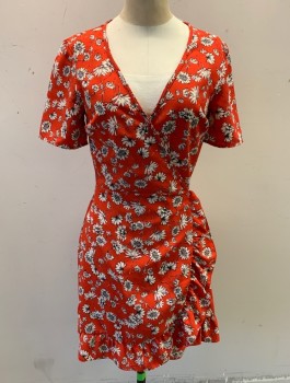 TOP SHOP, Tomato Red, Off White, Navy Blue, Polyester, Floral, Crepe, Wrap Dress, V-neck, Self Ties at Waist, Hem Above Knee,  Self Ruffle at Hem